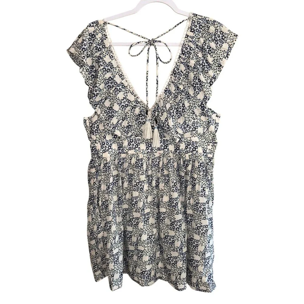 Anthropologie V-Neck Plunge Tunic Mini Blue White Floral Dress Size Medium $148
